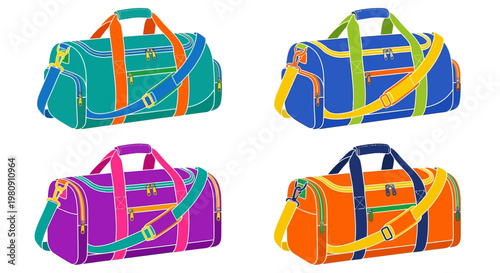 Colorful duffel bags arranged in a grid against a white background