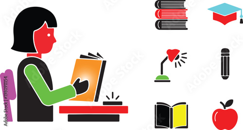 Educational icons representing learning and knowledge with student reading and school supplies like books and pencil