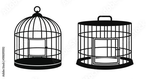 Two empty birdcages depicted in a simple black and white illustration