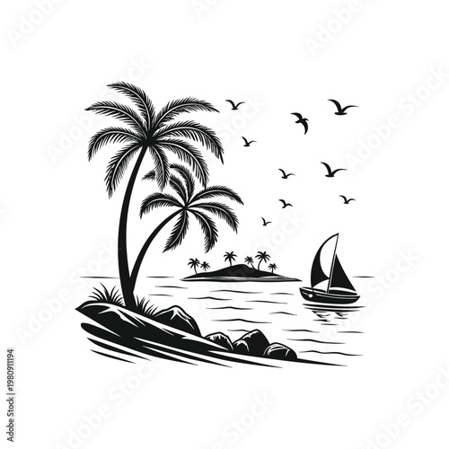 Monochrome tropical island illustration featuring palm trees, sailboat, and birds clean seaside vector on white background