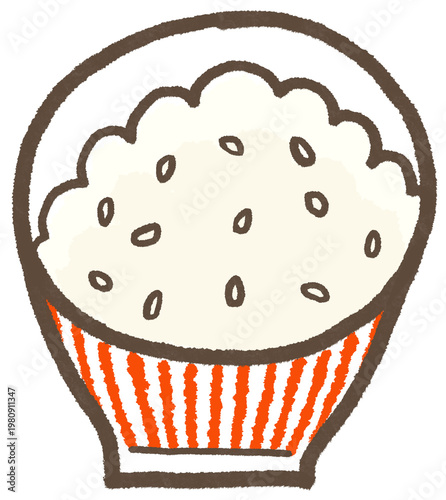 赤い縞のお茶碗に入ったごはん、シンプルでかわいくデフォルメしたごはんのイラスト（暮らしシリーズ）