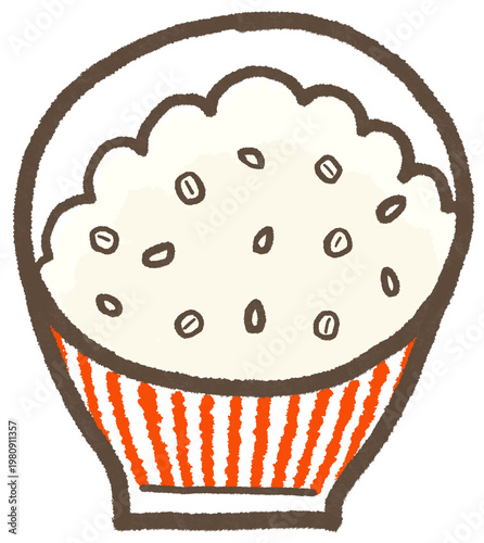 赤い縞のお茶碗に入った手描き風のもち麦ごはん、シンプルでかわいくデフォルメしたイラスト(暮らしシリーズ)