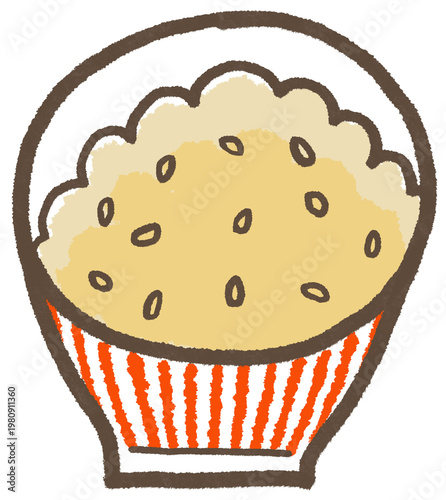 赤い縞のお茶碗に入った手描き風の玄米ごはん、シンプルでかわいくデフォルメしたイラスト(暮らしシリーズ)