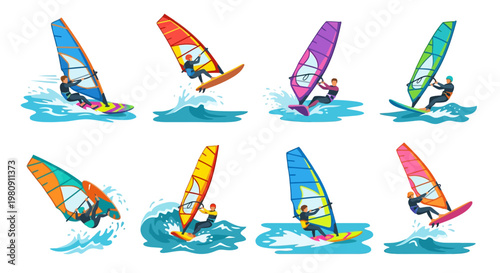 Colorful windsurfers ride the waves in a dynamic illustrative scene