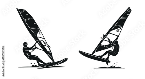 Two windsurfers in dynamic action depicted in a black and white style