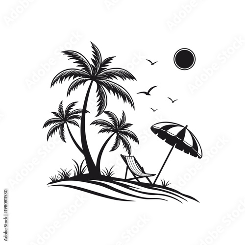 Black and white tropical island with palm trees, beach chair, and umbrella relaxing vacation scene isolated vector