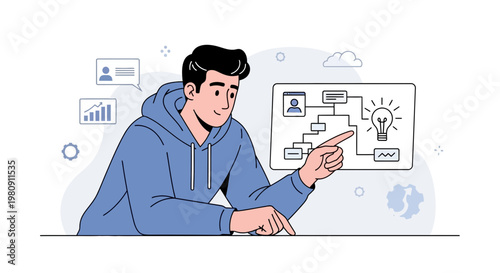 Young man pointing at a digital flowchart with idea lightbulb, business concept