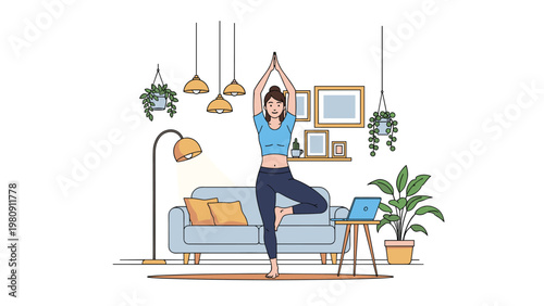 Woman practices a yoga tree pose in her modern living room using a laptop for guidance to maintain health and mental wellness at home.