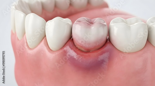 Inflamed gum around tooth showing dental infection pain oral health problem gum disease treatment concept dentistry and hygiene care awareness