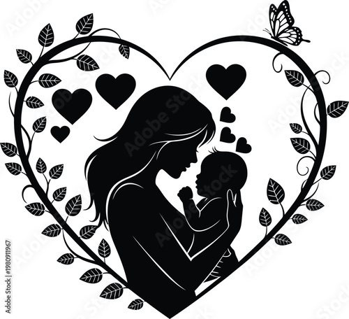 Mother holding her baby inside heart floral frame