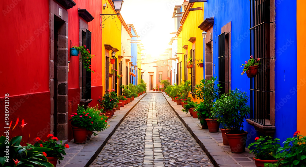 Fototapeta premium Vibrant cobblestone street lined with colorful houses in a charming Mexican town, leading to a bright light in the distance.