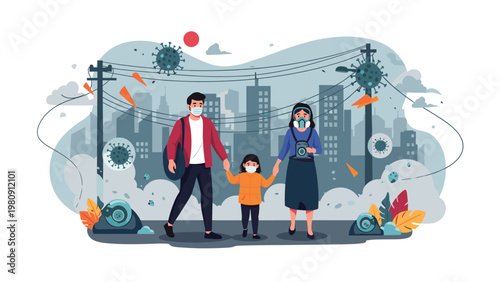 Family members wearing protective face masks walk through a busy city environment during a pandemic with virus symbols in the air.
