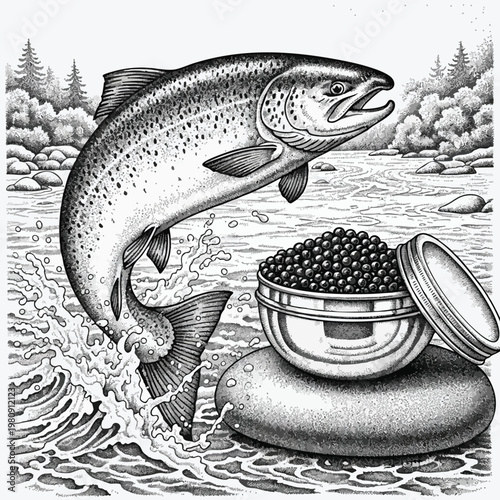 Vibrant Rainbow Trout Leaping Out of a River with Fresh Caviar in a Metal Bowl