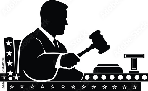 Judge silhouette holding a gavel in the courtroom setting