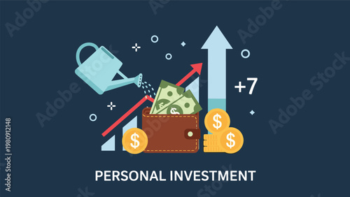 Personal investment illustration depicts a watering can nurturing a wallet full of cash alongside gold coins and rising growth charts.