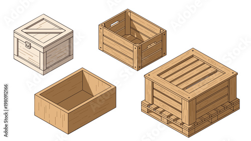 Set of four isometric wooden crates and shipping boxes includes open containers and a large heavy duty crate placed on a pallet.