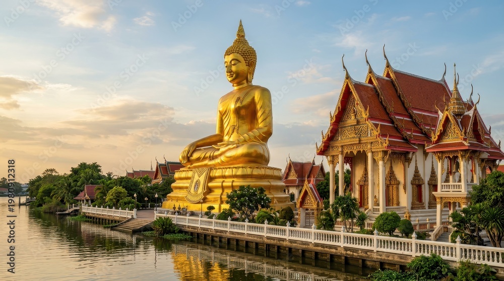 Obraz premium Large golden buddha statue seated beside a traditional thai temple complex at sunset near a calm river bank