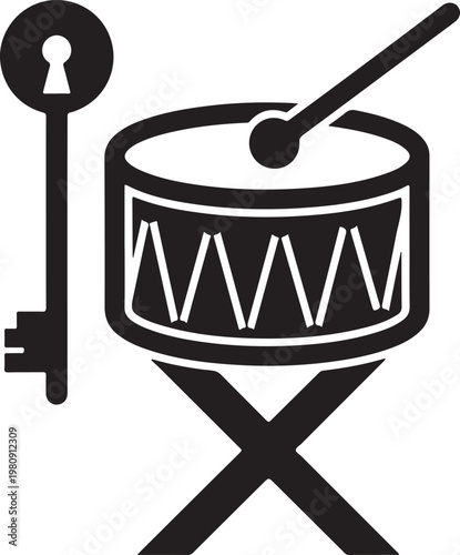  A black silhouette of a tall key stands next to a marching drum on a stand with drumsticks, suggesting a musical or rhythmic theme.
