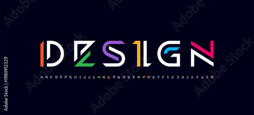 Logo font alphabet from multi color segment lines, technology letters A, B, C, D, E, F, G, H, I, J, K, L, M, N, O, P, Q, R, S, T, U, V, W, X, Y, Z and numerals 0, 1, 2, 3, 4, 5, 6, 7, 8, 9, and number