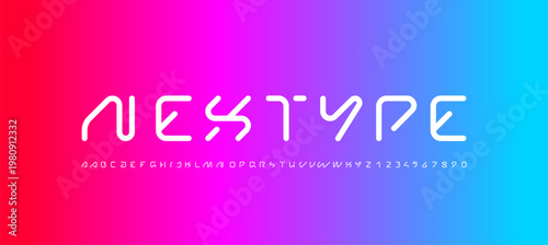 Technical future font, trendy digital cyber white alphabet, letters from A, B, C, D, E, F, G, H, I, J, K, L, M, N, O, P, Q, R, S, T, U, V, W, X, Y, Z and numbers from 0, 1, 2, 3, 4, 5, 6, 7, 8, 9 for 