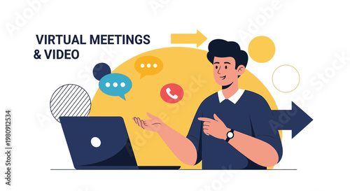 Virtual Meetings and Video Communication: Man with Laptop, Chat Bubbles, Phone Icon