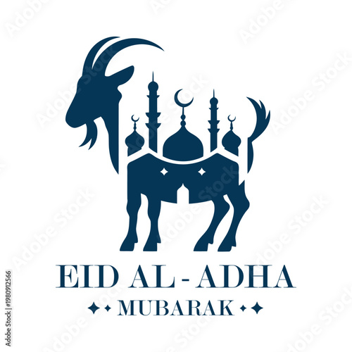 Eid alAdha celebration with goat and mosque illustration, vector 