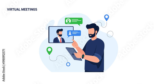 Virtual Meetings: Man using tablet for online conference call with colleagues