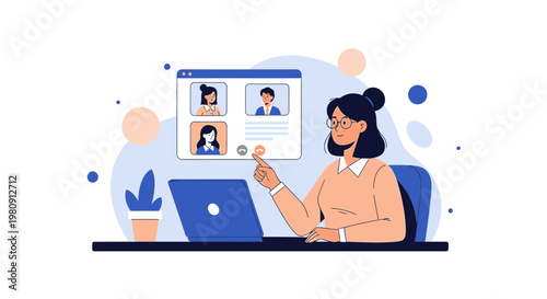 Woman on video call, online meeting, remote work, digital communication, technology concept