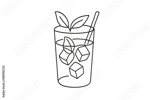 Minty Lemonade Art. "Minty Lemonade". Minimalistic one-line drawing cold lemonade with floating mint leaves