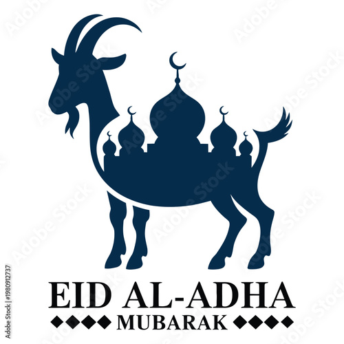 Eid AlAdha celebration with mosque and goat illustration, vector 