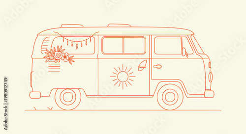 Vintage Retro Camper Van Illustration with Sun and Floral Boho Elements Minimalist Line Art Vector