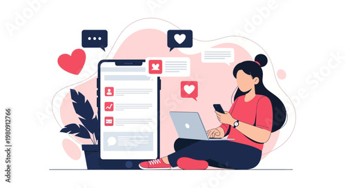 Woman using phone and laptop with social media icons and notifications