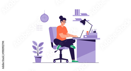 Woman working on laptop at desk, modern home office, flat design illustration
