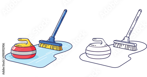 Curling Stone and Broom Illustration Set, Winter Sport Equipment Icon with Line Art Version for Coloring Book, Isolated Vector Graphics on White Background