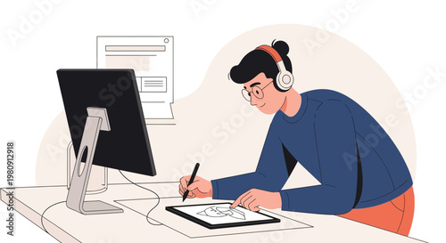 Young designer with headphones working on a graphic tablet and computer, illustration