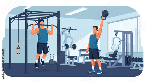Two men exercising in a modern gym with one athlete performing pull-ups and another lifting a heavy kettlebell for physical fitness training.