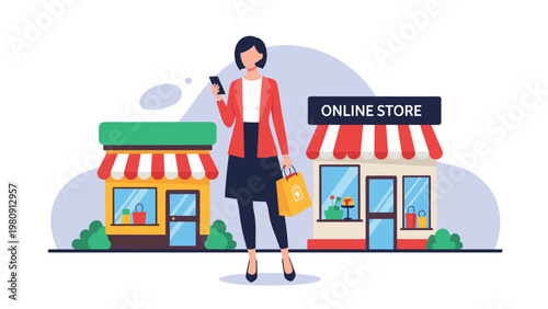 Young woman holding a shopping bag and using her smartphone while standing between traditional physical retail and modern online store options.