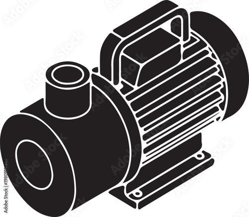 Industrial water pump black silhouette in isometric view, ideal for engineering, plumbing, and mechanical design projects.