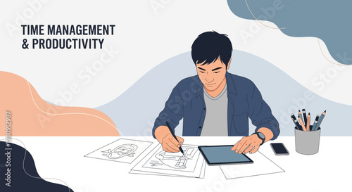 Young man drawing and working on tablet, time management and productivity concept