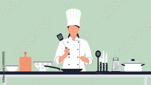 Professional female chef wearing a white uniform and hat standing in a clean kitchen with various cooking utensils and equipment.