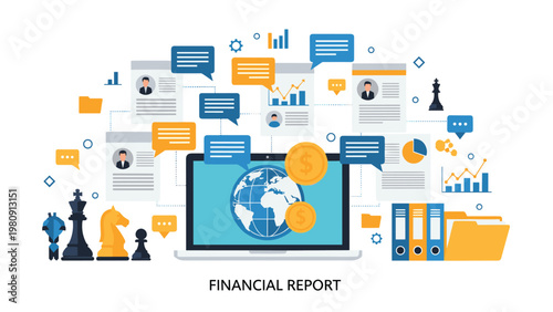 Comprehensive financial report concept featuring a laptop with global data surrounded by documents charts and strategic chess pieces for business analysis.