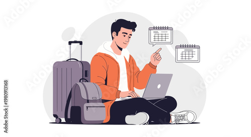 Young Man Planning Trip with Laptop and Luggage, Calendar Icons