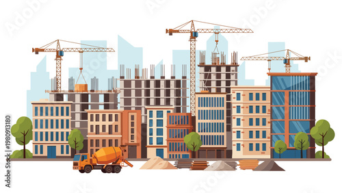 Busy urban construction site scene featuring multiple tower cranes building tall residential and commercial structures in a developing city district.