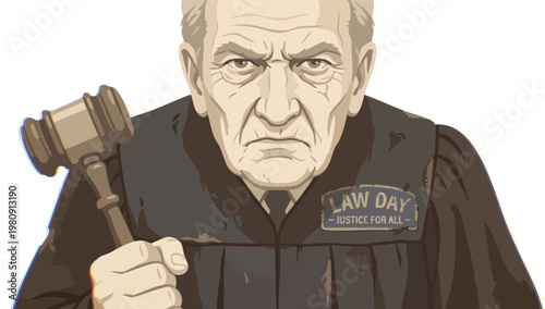 Determined Judge Holding Gavel for Law Day Justice for All Message on Judicial Robe
