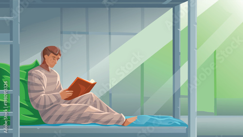 Inmate Reading Book Scene Vector Illustration of