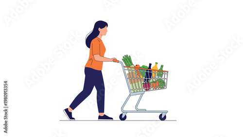 Young woman pushing a shopping cart filled with fresh fruits vegetables and grocery items while walking through a store or supermarket aisle.