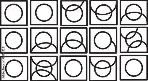 Geometric shapes, intersecting circles, black and white icons, 20 square frames