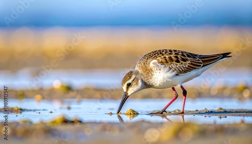 Tiny wading bird feeding on sunlit mudflat during spring migration