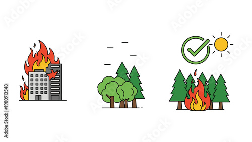 Infographic showing a building on fire, a healthy forest, and a forest fire with a checkmark to promote environmental protection.