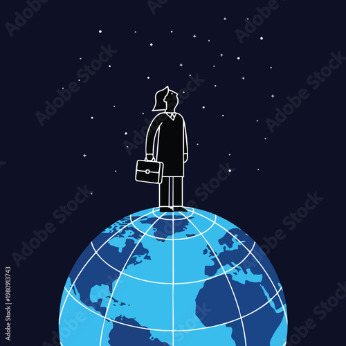 Businessman Standing on Globe Under Starry Sky for Global Future and Ambition Concept